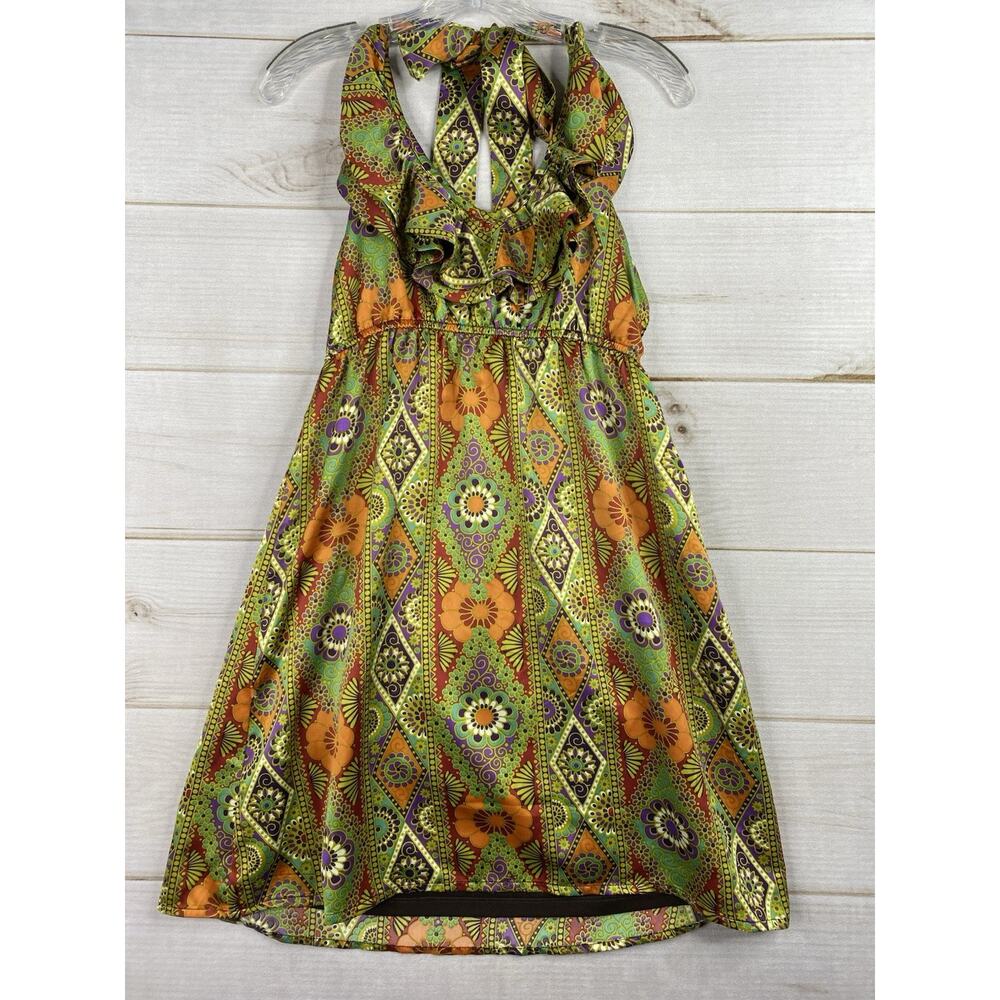 Judith March Halter Dress Sz L Green 50’s RETRO Style Sun Dress Ruffled Neck